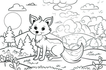 Cartoon of a fox children coloring book page in the forest. 