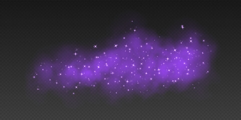 Purple magic smoke with stars and sparkles, fog with glowing particles, colorful vapor with star dust. Fantasy haze overlay. Vector illustration. © Likanaris