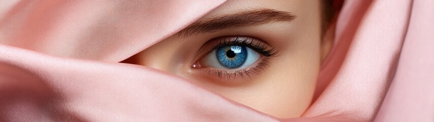 Fototapeta premium Close-up of a Blue Eye with Pink Fabric Draped Over it