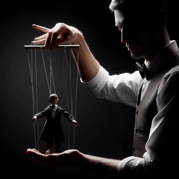 A silhouette of a man manipulating a puppet against a dark background. A powerful visual image to illustrate influence, control and manipulation in modern society.