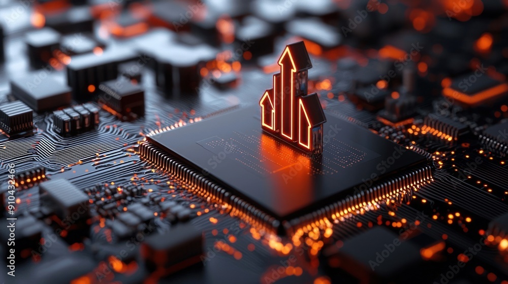 Poster a close-up view of a motherboard with an illuminated building icon, symbolizing technology and urban