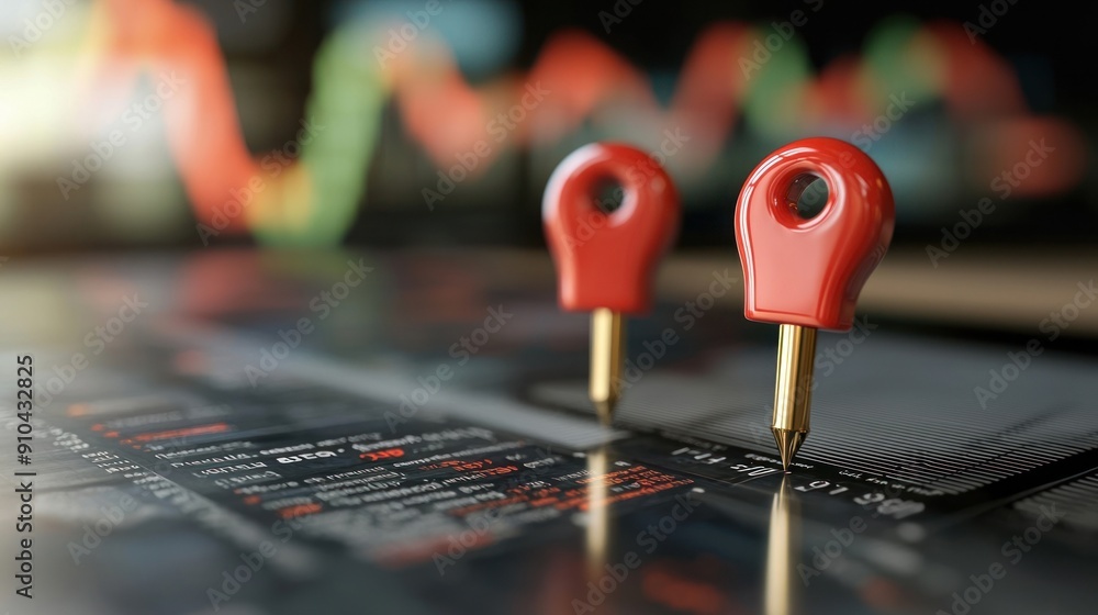 Poster close-up of red pushpins on financial graphs with vibrant trends, symbolizing data analysis and mark