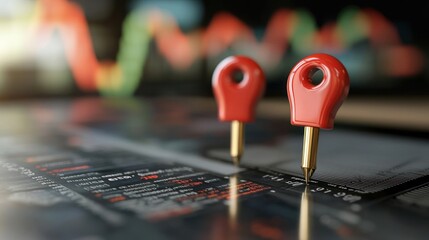 Close-up of red pushpins on financial graphs with vibrant trends, symbolizing data analysis and market insights.