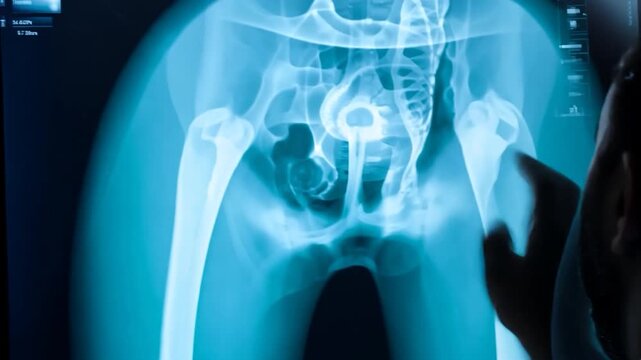 A healthcare worker examines a detailed X-ray of a patient&rsquo;s pelvic region for diagnostic purposes
