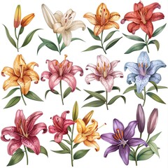 Flower Art Set, Scrapbooking Concept, Gardening Brand Logo Artwork, Floral Sticker Sheet, Isolated Floral Clipart Design, Natural Beauty Plant Collection, White Background Easy Custom Editing