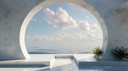 Scene with geometrical forms, arch with a podium in natural daylight. Sea view. Summer scene. 3D render background.