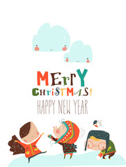 Cartoon happy children enjoying in the snow. Vector illustration