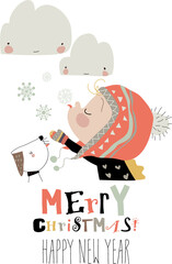 Cute cartoon girl catches snowflakes with tongue. Vector illustration