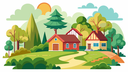 Country houses in forest. Summer countryside nature, rural scene with small homes, settlement. Village agriculture landscape, trees and grass. Flat vector illustration isolated on white background