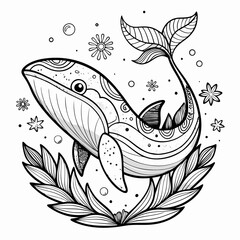 Obraz premium Whale vector illustration. Outline drawing colouring page in underwater book or page for children.