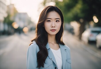 businesswoman asian girl face portrait business asian cheerful far confident happy background young east attire laugh woman isolated person people grey female casual portrait beautiful asi