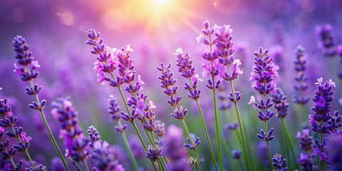 Obraz premium Vibrant purple lavender flowers bloom in a lush field, soft focus capturing delicate petals and subtle texture against a serene, dreamy purple background.