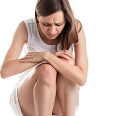 Fototapeta premium Woman suffering from joint pain on a white background.