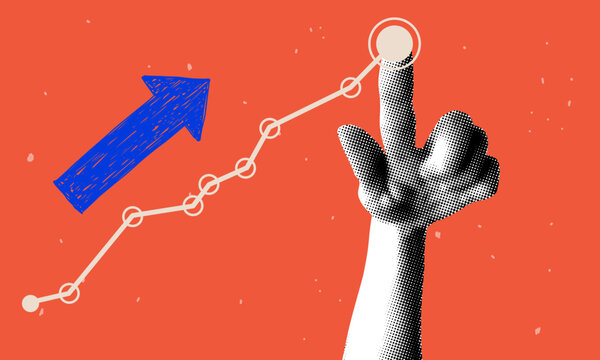 Data analytics concept. Halftone hand draws sales graph. Modern collage design. Pop art. Growth сhart. Successful business performance. Financial success. Business data graph. Achieving high results