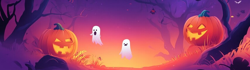 Jack-o'-lanterns and Ghosts in a Spooky Forest
