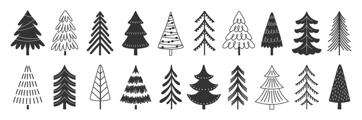 Christmas tree black icons. New year symbols, xmas decorative trees doodle style. Hand drawn winter holidays decorations, racy vector clipart