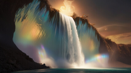 Fototapeta premium A vibrant, cinematic magic waterfall cascades down a luminous, iridescent rockface