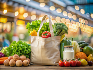 Fresh vegetables, fruits, and dairy products are neatly packed in a reusable tote bag, surrounded by a blurred city market background with warm natural light.