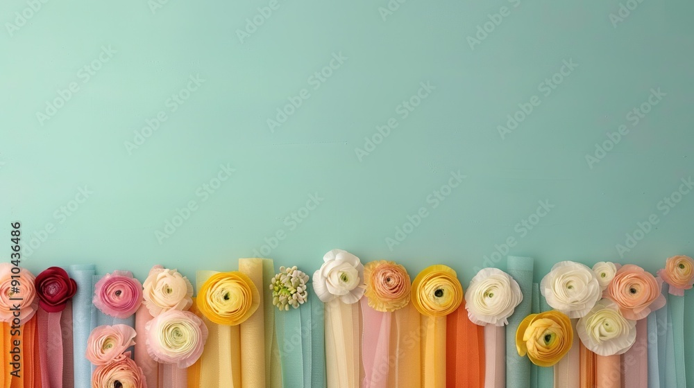 Wall mural a row of vibrant colored paper flowers against a blue backdrop with a soft green wall in the distanc