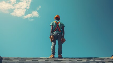 Standing construction worker on a rooftop wearing safety harness under clear blue sky, ready for roofing tasks
