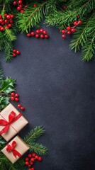 A beautifully wrapped present in black and red sits among evergreen branches and red berries, creating a festive atmosphere for the holiday season
