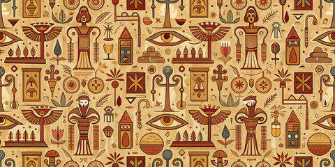 Obraz premium Vintage seamless pattern featuring intricate ancient Egyptian hieroglyph symbols in warm earthy tones, creating a unique retro hand-drawn vector repeating illustration.
