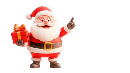 Obraz premium Santa Claus cheerfully pointing upwards with one hand while holding a gift in the other on a transparent background. This image is ideal for Christmas promotions, holiday greeting cards, festive decor