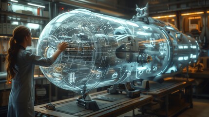 Woman Inspecting Digital Rocket Prototype in Workshop