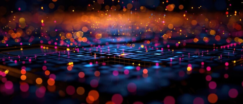 Quantum computing interface A digital grid with floating qubits and advanced algorithms visualized as intricate