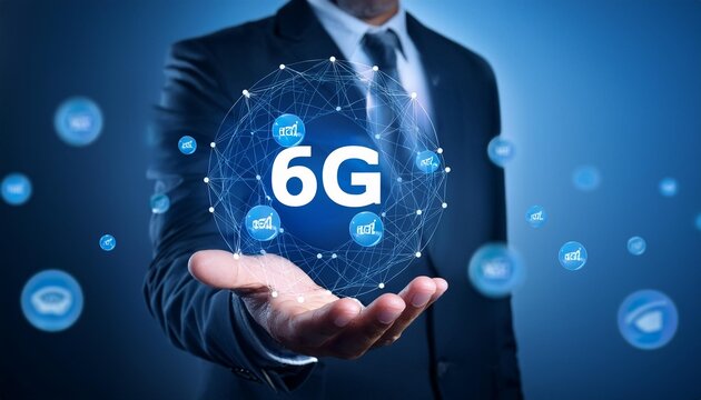 Businessman Holding Virtual 6G Network Connection Icons. Next-Gen Connectivity, Ultra-Fast Speeds, Seamless Internet Business and Social Network Integration, illustration