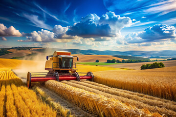 Obraz premium Vibrant summer landscape featuring a massive agricultural combine harvester collecting golden wheat in a vast field, surrounded by rolling hills and blue sky.