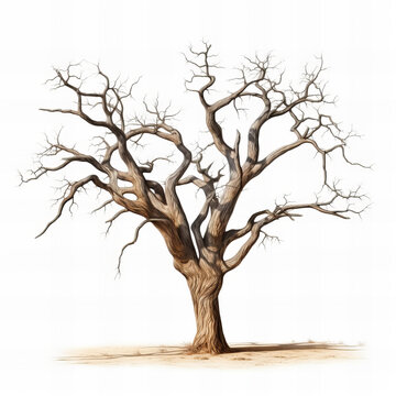 Dry Tree In Desert Isolated On White Background