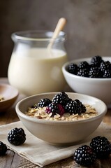 A bowl of oatmeal with blackberries scattered across the top with a glass of milk in the background.