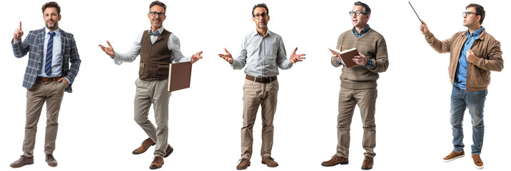 Pack of Male Teacher Holding Pointer Teaching set on transparent Background