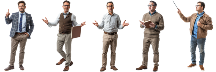 Pack of Male Teacher Holding Pointer Teaching set on transparent Background