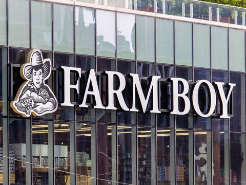 Toronto Canada, August 1, 2024; The logo and brand name sign at a Farm Boy division of Sobeys grocery store in high rise building in Toronto

