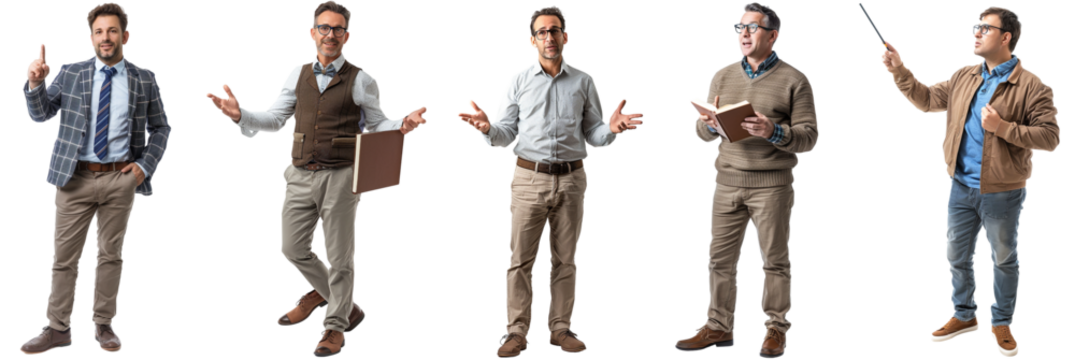 Pack of Male Teacher Holding Pointer Teaching set on transparent Background