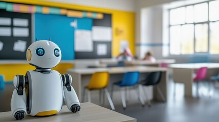 Robot in a modern classroom setting with students in the background. Generative AI.