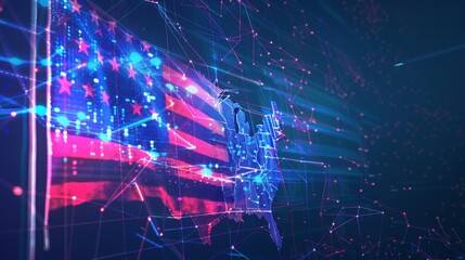 Obraz premium USA flag. American flag. A flag with stars and stripes is shown in a blue and red color scheme. The flag is surrounded by a web of lines, giving it a futuristic and abstract appearance.