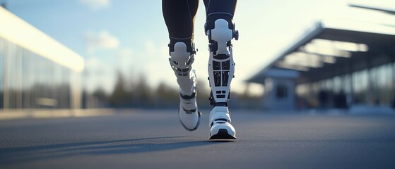 Close-up of robotic prosthetic legs in motion. Generative ai.