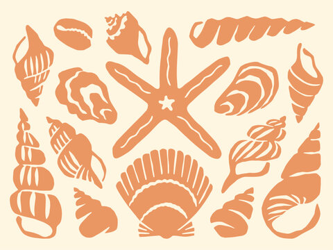 Cut out seashells collection seashore vacation block print. Peach orange seashell cutouts vintage collage element set.
