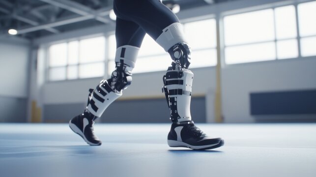 Close-up of robotic prosthetic legs in motion. Generative ai.