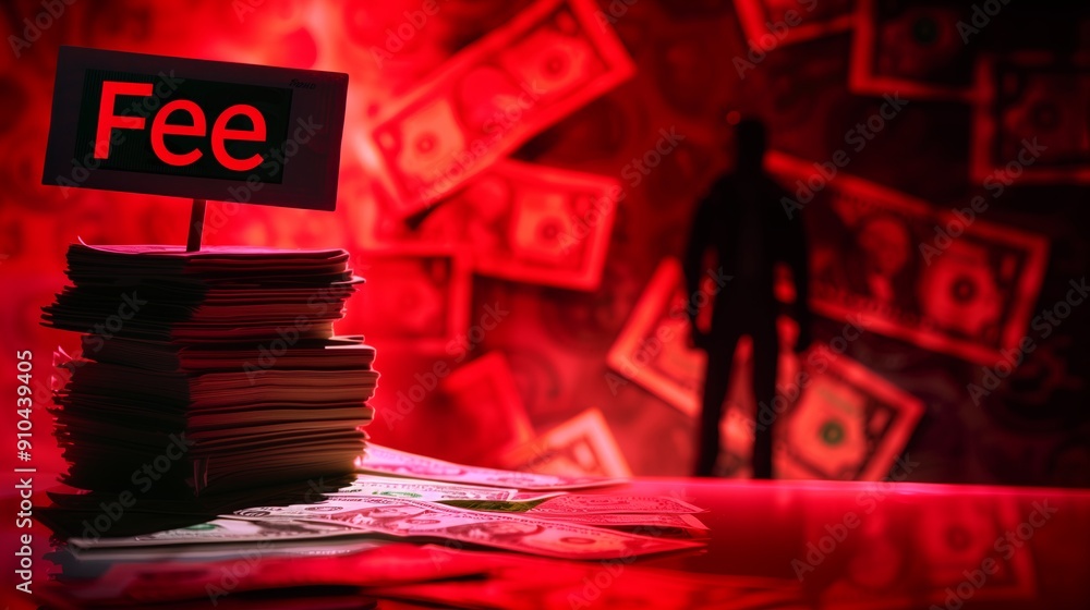 Poster a stack of money with a sign that says fee on it, surrounded by red warning signs and a shadowy figu