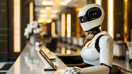 Robot receptionist in a modern, luxurious hotel lobby. Generative ai.