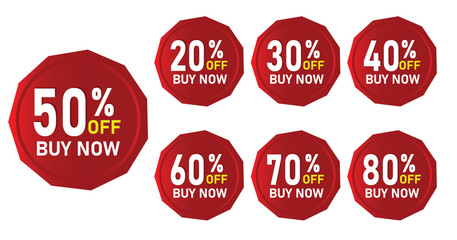 Different discount price 10%,20%, 30%,40%,50%, 60%,70%,80%,90% percent Promotion red sticker badge set shopping marketing, advertisement clearance sale, Isolated vector on white background