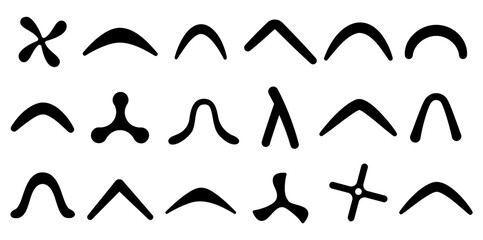 Aboriginal boomerangs black silhouettes. Native australian weapon or sport equipment. Children boomerang toy for outdoor activity games, nowaday vector icons