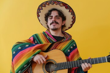 Beautiful young mexican man wearing sombrero and poncho and playing guitar on yellow background