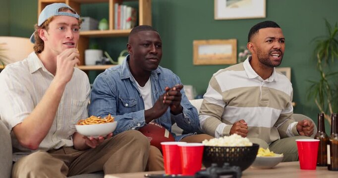 Watching tv, sport and men eating in home with game, streaming and friends with football team support. Drinking, food and group on a living room sofa with match and competition fans with popcorn