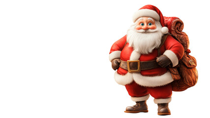 Traditional Santa Claus carrying a sack full of gifts on a transparent background. Ideal for Christmas advertisements, festive greeting cards, and holiday marketing campaigns. Perfect for adding 
