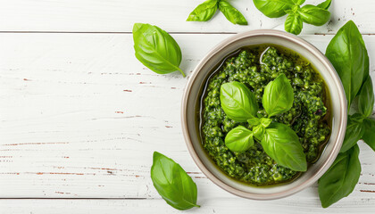 Obraz premium Homemade Basil Pesto Sauce in a White Bowl.